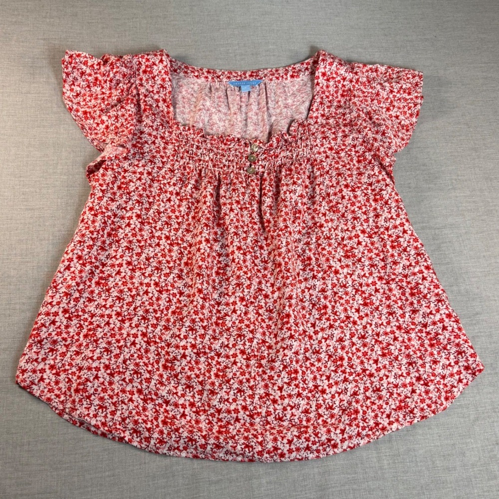 Draper James Womens Red White Floral Smocked Square Neck Flutter Sleeve Top L